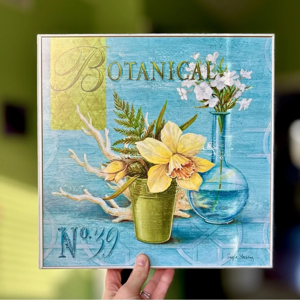 VTG Botanical Floral Blue & Yellow Cottagecore Farmhouse Wall Hanging Art Decor